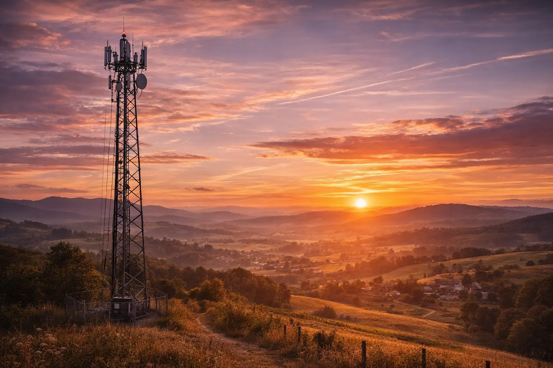 Paisaje rural con infraestructura de telecomunicaciones Netwin