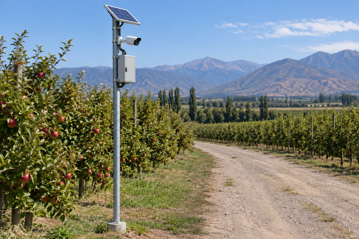 Poste con panel solar, cámara y caja de baterías en una plantación frutícola