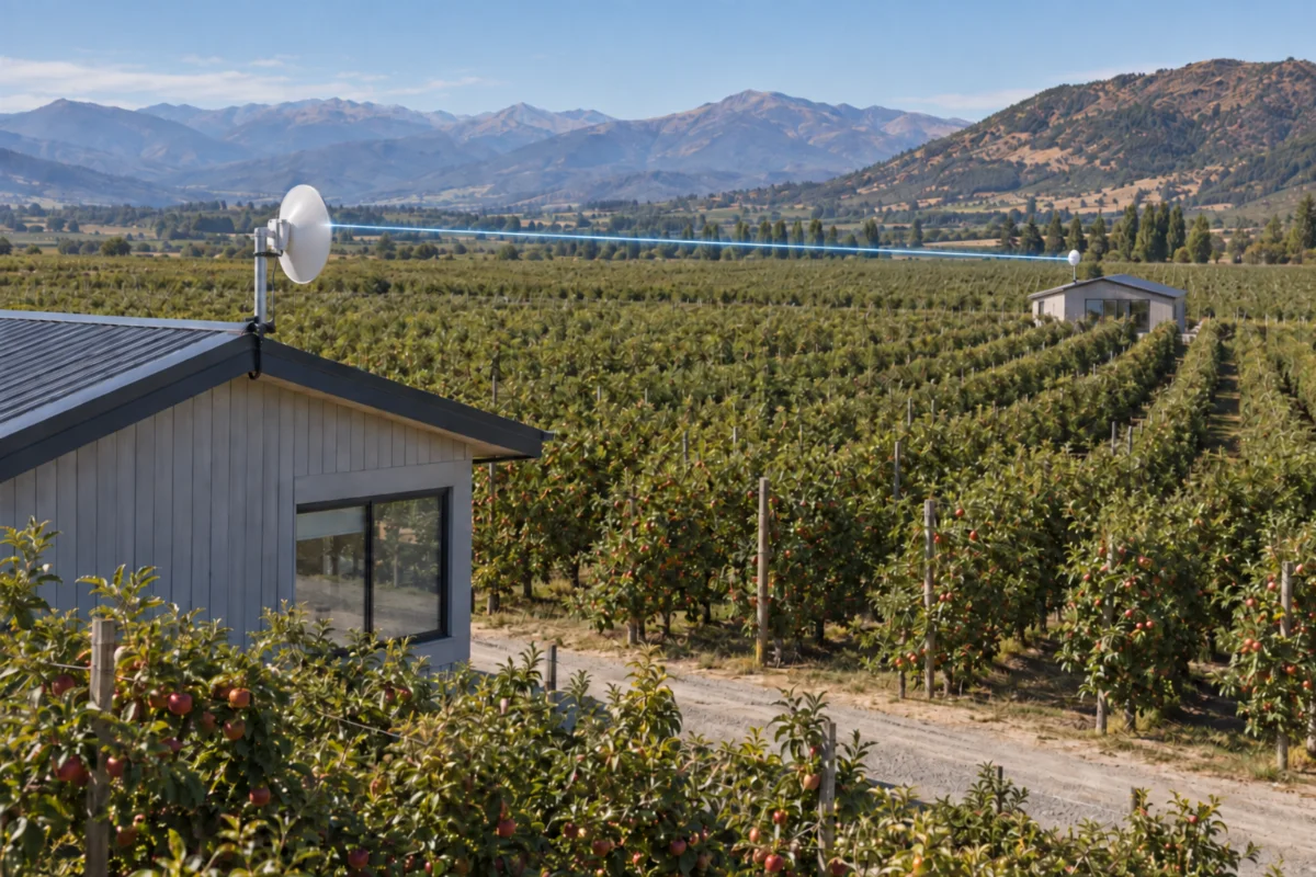 Dos oficinas entre plantaciones frutícolas conectadas mediante antenas direccionales